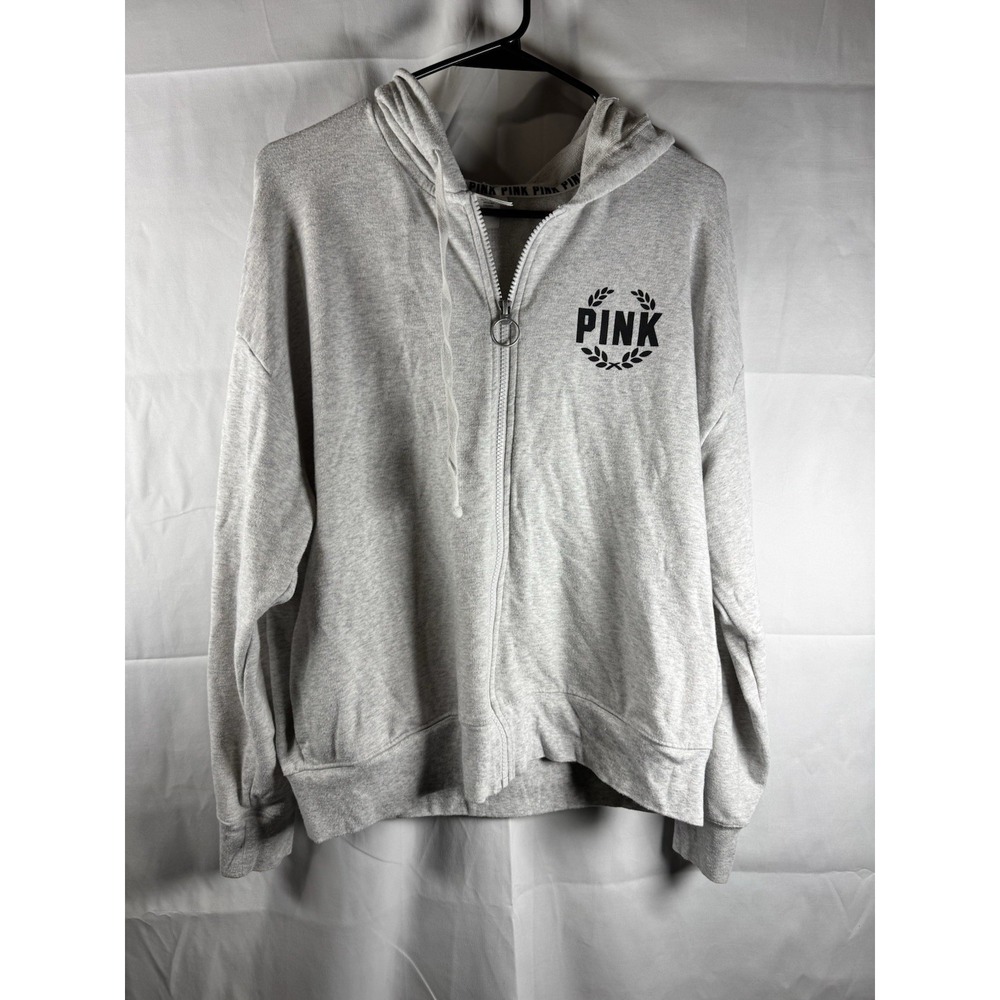 PINK VICTORIAS SECRET LOGO‎ ON BACK ZIP UP JACKET LIGHT HEATHER GREY Sz Sm